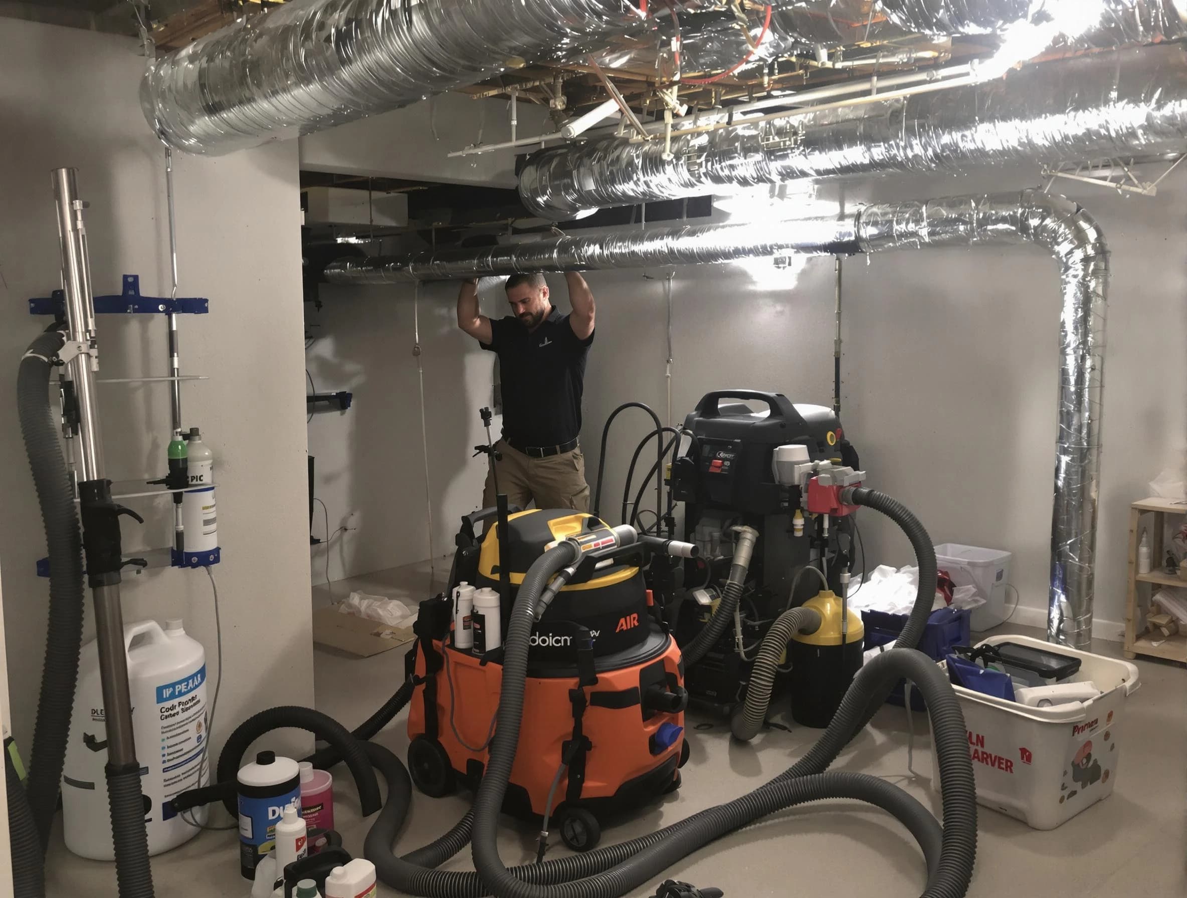 McLoud Air Duct Cleaning specialist performing professional mold removal from air ducts using safety equipment in McLoud